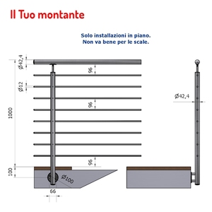 Altura de fijación lateral vertical redonda de 1,00 m Acero inoxidable AISI 304 Satin 8 Holes Ø 12,5 - Product Image 1