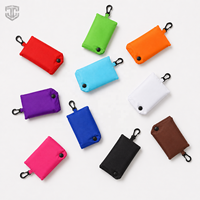 Sac de courses pliable en polyester avec logo personnalisé, fermeture à cordon, pochette à mousqueton, sac de marché réutilisable noir avec poche