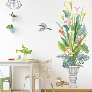 สติกเกอร์ติดผนังรูปนกและ<span class=keywords><strong>แมว</strong></span>,วอลล์เปเปอร์ลายดอกไม้สีสันสดใสพร้อมใบไม้สีเขียวสำหรับตกแต่งบ้านห้องนั่งเล่นห้องนอน - Product Image 6