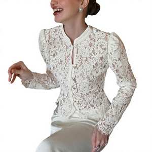 <b>Women</b> Lace Knitted Blouse Stand Collar <b>Long</b> Sleeve Slim Fit Button Front <b>Shirt</b> for Autumn Winter - Product Image 4