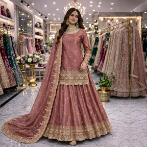 Ensemble Choli Salwar Kameez en Soie Bicolore pour Femme, avec Lehenga et Dupatta, Ornements de Paillettes et Miroirs, Style Traditionnel pour Diwali et Remise de Diplôme - Product Image 1
