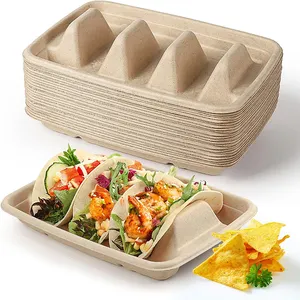 Customized Biodegradable Sugarcane Taco Tray Pulp Packing Containers Disposable Taco Holders Taco Box
