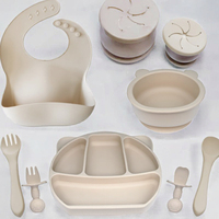 Ensemble repas écologique 5 pièces pour bébé, personnalisable et en gros : bavoir en silicone souple avec bol à ventouse, assiet