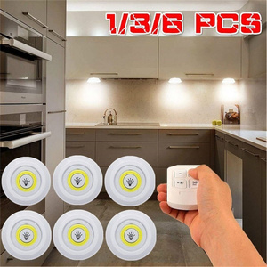 Battery Dimmable Under Cabinet COB <strong>LED</strong> Puck Closets Remote 3 in 1 Round COB Indoor Mini Remote Control <strong>Sticky</strong> Wall <strong>Light</strong> - Product Image 1