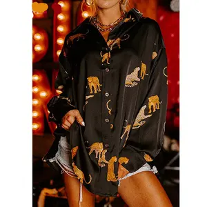 Wholesale New Design Hot Clothing Fashion Black Cheetah Animal Print Button Up Satin Shirts Blouse Women