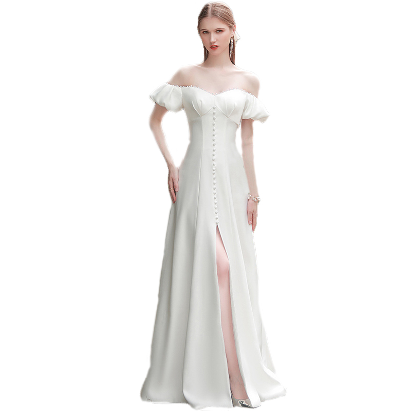 New Arrival Pure Color Off Shoulder Split Long Bridal Gown Elegant Formal Party Dress White Evening Dress