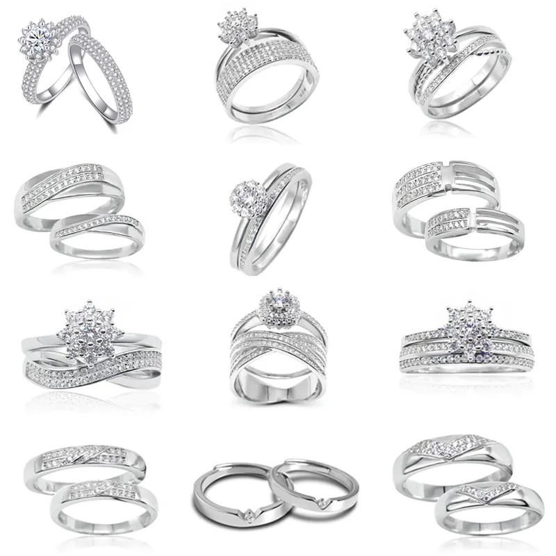Phụ nữ 925 sterling bạc nhẫn cưới Bộ vài LỜI HỨA đính hôn kim cương CZ zircon Hoa Nhẫn