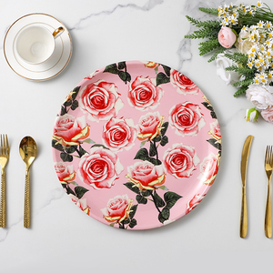 Assiettes réutilisables en plastique <span class=keywords><strong>rose</strong></span> Jumpforever décorations de dîner de mariage à fleurs roses assiettes en plastique pour mariage - Product Image 1