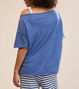 T-shirt à manches courtes pour <span class=keywords><strong>femme</strong></span>, coupe ample et oversize, avec logo imprimé personnalisé, doux et respirant, épaules dénudées, bords bruts, style basique - Product Image 2