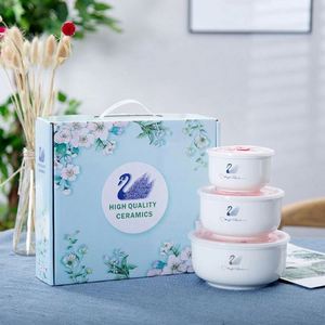 Ceramic Bone China Eco-Friendly Three-Piece Sealed Bowl <b>Set</b> Cover <b>Gift</b> Box European Luxury Minimalist Flower Decal Design - Product Image 2