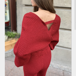 Conjunto de 2 piezas de Jersey de punto para mujer, jersey con manga farol en la parte trasera abierta, cuello en V, Color sólido, moda de otoño - Product Image 6