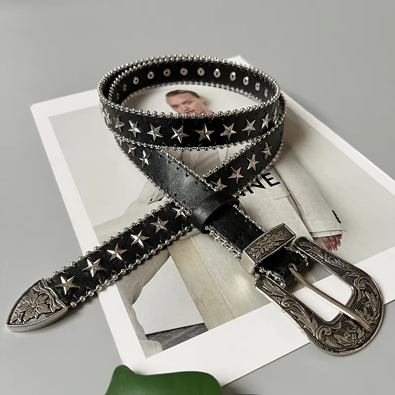 Luxury high quality women's belt design Vintage carved metal belt Punk niche design Star riveted beaded trim tooling belt
