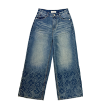 Pantalon en jean taille haute à jambe large pour femme, style streetwear imprimé, délavé et vieilli, vintage, pour l'été, l'automne et le printemps, décontracté et tendance au quotidien