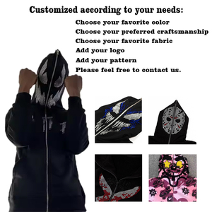 Beispiel Custom Cotton Overs ized Hip Hop Street Blank Vollgesichts-Kapuzen pullover mit Reiß verschluss Benutzer definiert Ihr Logo Strass-Schaumstoff-Print Boxy Zip Hoodie - Product Image 3
