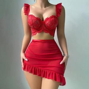 Ricamo floreale Lingerie Sexy Set tre pezzi con rifiniture in pizzo con maniche trasparenti gonna corta perizoma-divisa passionale - Product Image 6