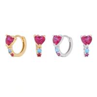 Boucles d'oreilles créoles Huggie en argent massif 925 plaqué or vermeil avec zircon cœur rouge et CZ cœur rouge