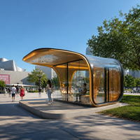 Abri de bus intelligent entièrement vitré et incurvé avec éclairage d'ambiance LED chaud, station d'attente de bus moderne en forme de capsule ronde