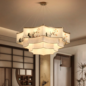 Lustre avec bambou peint et design paysager, forme ovale, lumière LED pour salon, hall, style zen - Product Image 1