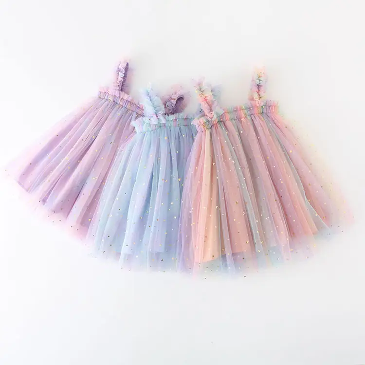 M2196 vendita calda abbigliamento per bambini stelle paillettes arcobaleno Sling Strap abiti abiti in Tulle Summer Girls Baby Tutu Dress