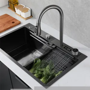 Grifo con pantalla Digital extraíble, rociador de níquel para fregadero de cocina, latón, cobre, negro, cascada