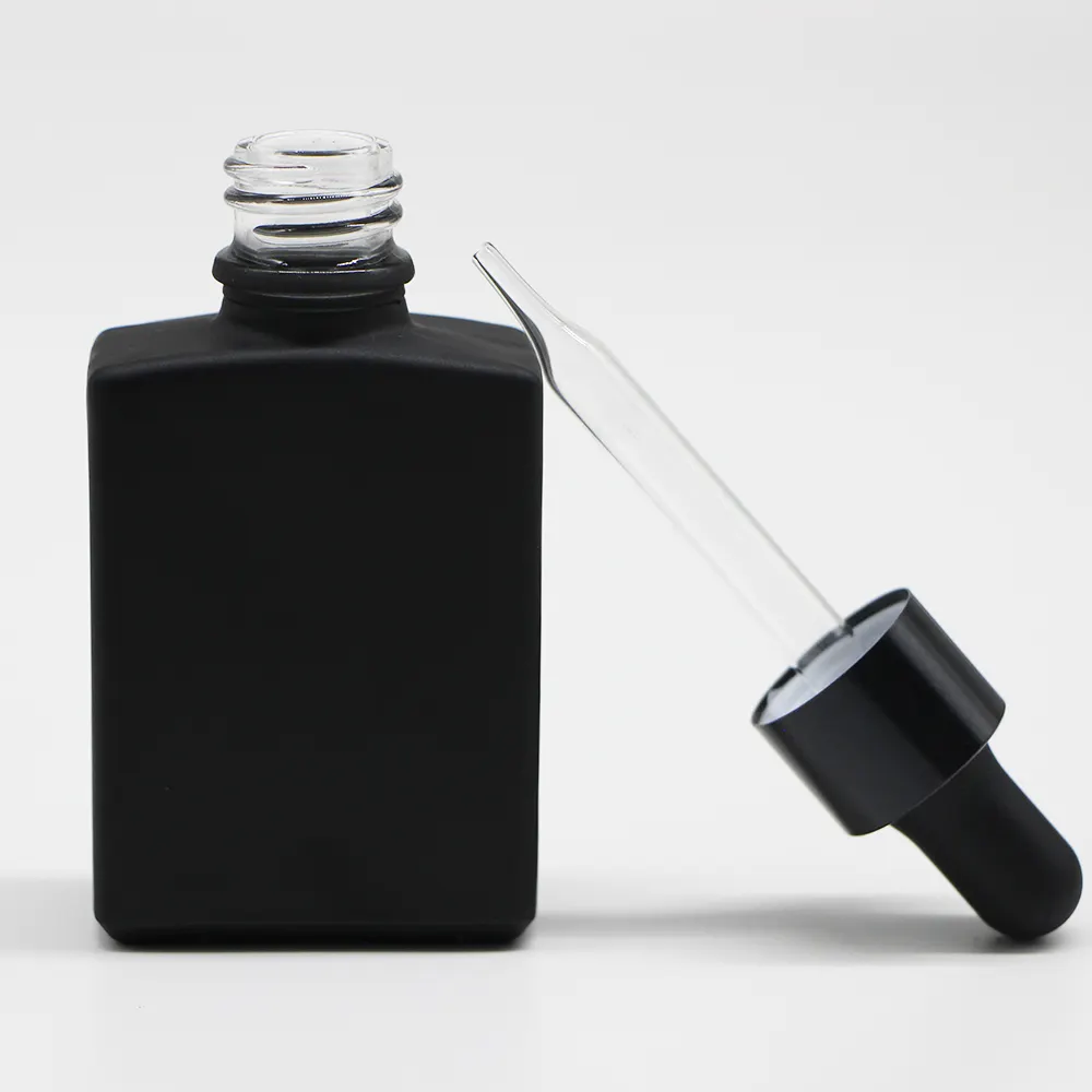 Flacon vide en verre pour huiles essentielles, carrée, noir givré, personnalisé, de 30ml, vente en gros, unités