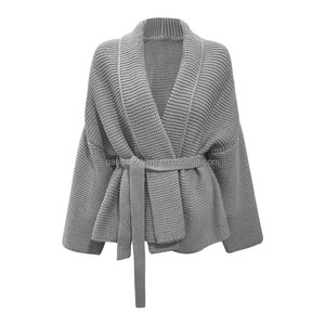 Cardigans de Inverno Elegantes com Cinto, Jaqueta de Gola Reversa Francesa, Cardigans Tricotados de Comprimento Médio para Mulheres - Product Image 4