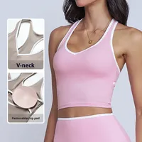 Rompi Yoga Racerback Ketat dengan List Kontras, Menyerap Keringat, Dukungan Tinggi, Bahan Spandex/Nylon, Olahraga Musim Panas Wanita, Bantalan Dapat Dilepas