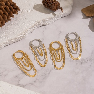 Boucles d'oreilles pendantes en acier inoxydable plaqué or PVD avec pampilles et lignes géométriques, vente en gros - Product Image 1