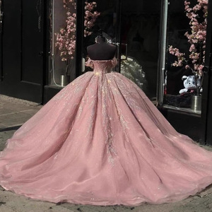 Pink Off Shoulder Ball Gown Sequined Lace Tulle Corset Sweet Prom Dress Natural Waistline - Product Image 1