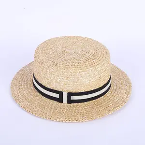 Topi Boater pinggiran lebar lebar Sombrero perlindungan luar ruangan mode baru pita bergaris Floppy topi Boater pinggiran keras atas datar mode baru