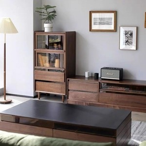 Mueble de Salón Color Nogal, Mueble de Almacenamiento de Madera Maciza con Puerta de Vidrio y Cajones para TV o Librería - Product Image 1