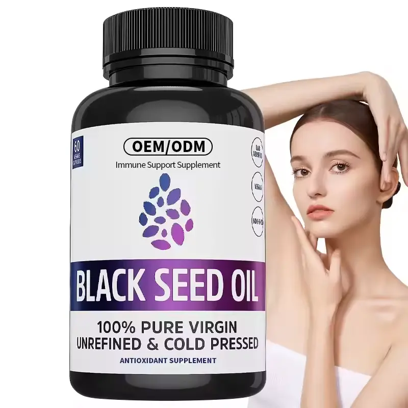 OEM özel etiket siyah tohum yağı cilt sağlığı için E vitamini ile % yumuşak jel kapsüller saf siyah kimyon tohumu yağı kapsül
