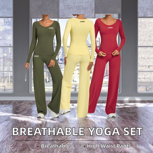Women's Solid Long Sleeve Breathable Yoga Fitness 2-Piece Athletic Set High Quality Pants and Leggings - Product Image 2