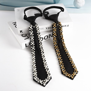 Corbata decorativa estilo JK negra con perlas y diamantes de imitación para mujer, accesorio de moda para uniformes escolares y uso diario - Product Image 2