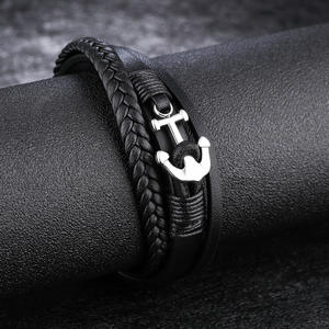 Hiphop Anchor Charm Pulseras trenzadas Cuerda de acero inoxidable Brazalete para hombres Accesorios de muñeca Brazalete de cuero genuino Joyería - Product Image 2