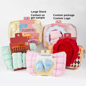 Pacchetto personalizzato per donne ragazze Spa da polso fascia elastica per capelli fascia per capelli in tessuto gonfio spugnoso Set di strumenti per il trucco con Washbag da viaggio - Product Image 1