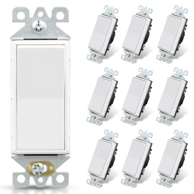 ELEGRP UL Listed US Stock White Decora Switch 15 Amp 120V Single Pole Rocker Paddle Switch Decorative Wall Light Switch