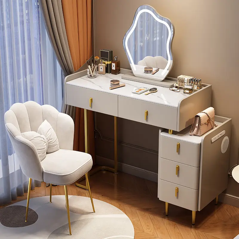 YMSC Mesa de toucador inteligente luxuosa para maquiagem com luz de espelho Pequeno cômoda Mesa de toucador com tampo de ardósia