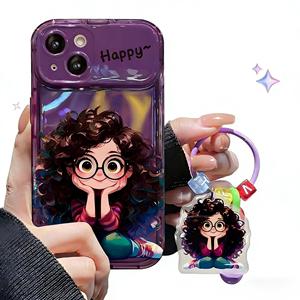 Funda para Teléfono Móvil con Colgante de Chica con Gafas Transparentes de Dibujos Animados para <span class=keywords><strong>iPhone</strong></span> 17 16 15 Pro Max, Funda con Espejo Abatible y Cordón Hecho de TPU - Product Image 1