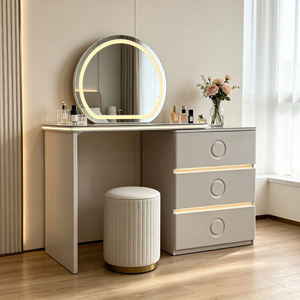 Conjunto de tocador moderno blanco con espejo redondo iluminado y gabinete de 3 cajones - Product Image 3