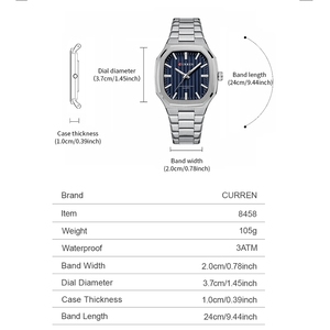 Curren 8458 Orologio da Uomo Quadrato Casual con Bracciale in Acciaio Inossidabile, Orologio da Polso al Quarzo con Lancette Luminose per Uomo - Product Image 4