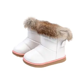 Sepatu Bot Salju Anak Perempuan, Sepatu Bot Katun Salju Bulu Kelinci Asli Dipertebal Bayi Kecil Sol Lembut Versi Korea