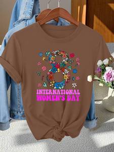 T-shirt da donna Ameri girocollo a maniche corte con stampa floreale per la Giornata Internazionale della Donna, 100% cotone, vestibilità regolare, elegante top da festa - Product Image 3