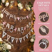 Set Spanduk Happily Ever After, Dekorasi Pernikahan Pink Gold dengan Cincin Berlian & Gelas Sampanye untuk Bridal Shower, Pesta Pertunangan