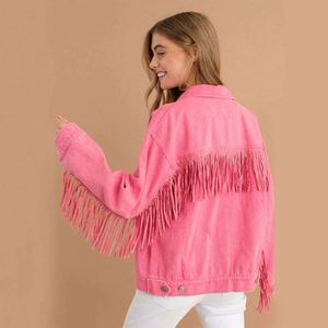 Veste en jean longue pour femme en coton respirant et écologique, style streetwear décontracté vintage, délavée, effilochée, blanche, avec franges - Product Image 5