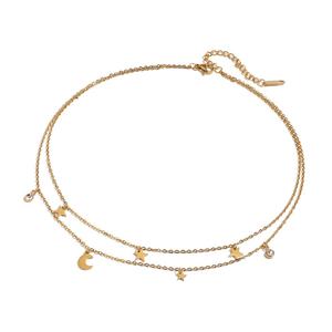 Collar de Estrella y Luna de Acero Inoxidable, Elegante y Exquisito Collar de Doble Capa Chapado en Oro de 18K para Mujer - Product Image 1