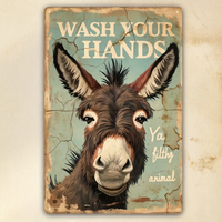 Pancarte en métal amusante avec motif âne - « Lavez-vous les mains » Décoration murale rétro pour salle de bain, cuisine, animalerie, décoration intérieure