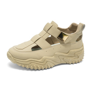 Chunky Shoes Women Breathable Hollow Open Toe <b>Velcro</b> <b>Strap</b> Thick Sole Casual Dad Shoes Khaki YDZ431 - Product Image 5