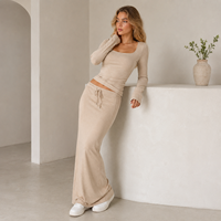 Ensemble jupe OEM pour femme, beige, côtelé, col carré, haut à manches longues, jupe longue à cordon de serrage, ensemble deux pièces décontracté contemporain