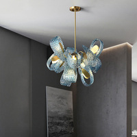 Lustre moderne en verre artistique bleu motif floral pour salon, chambre, salle à manger, cuisine – Décoration artistique, suspension en cuivre et verre